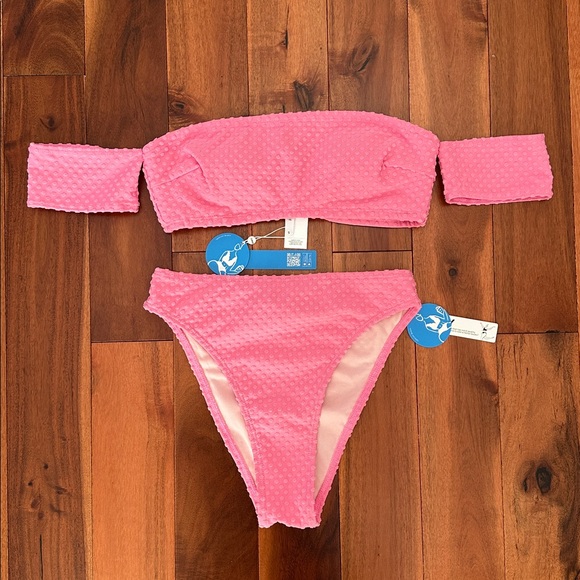 Bright Pink High-Waisted Off-Shoulder Bikini - Picture 3 of 7